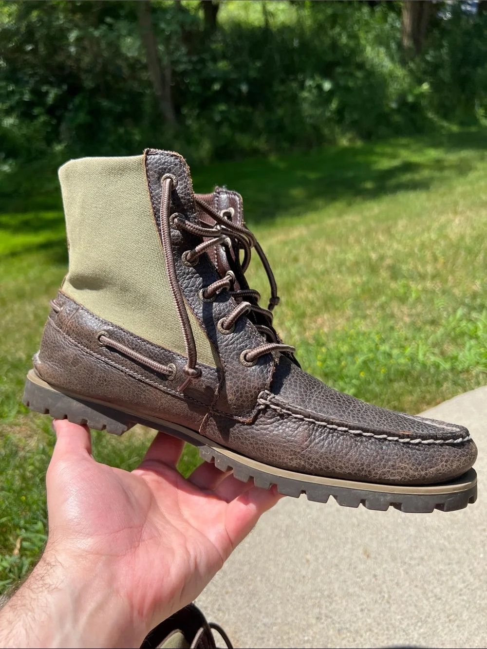 Sperry Top-Sider Brown Leather Green Canvas Boat Boots Hunting Boots Men’s 11.5M